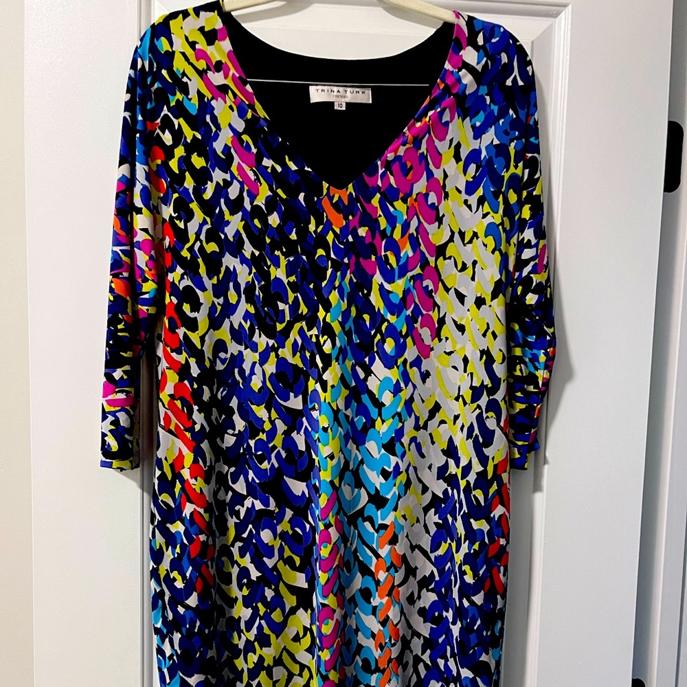Trina Turk multi colored mini dress. Wider sleeves, fitted bodice.